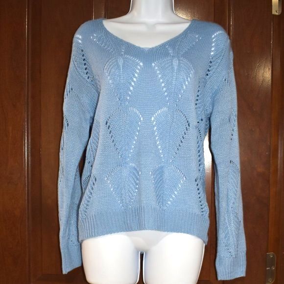 Women’s Light Blue Open Knit Sweater Size Small V Neck Lightweight Sheer - Picture 5 of 12
